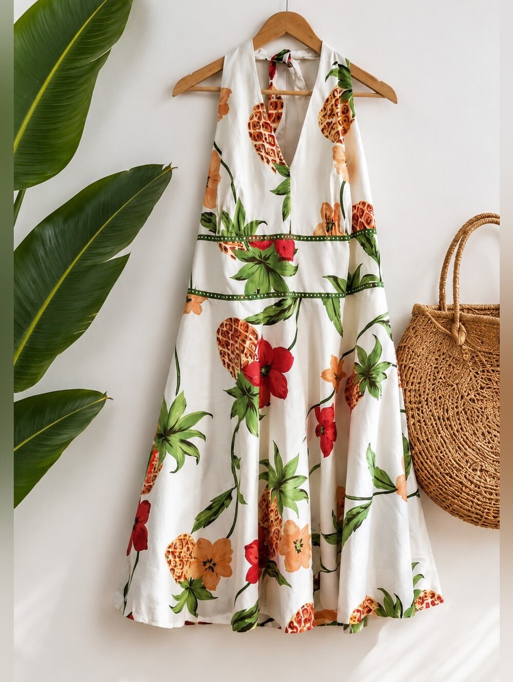 Donna Rico Womens White Halter Floral Picnic Formal Summer Midi Pineapple 16W